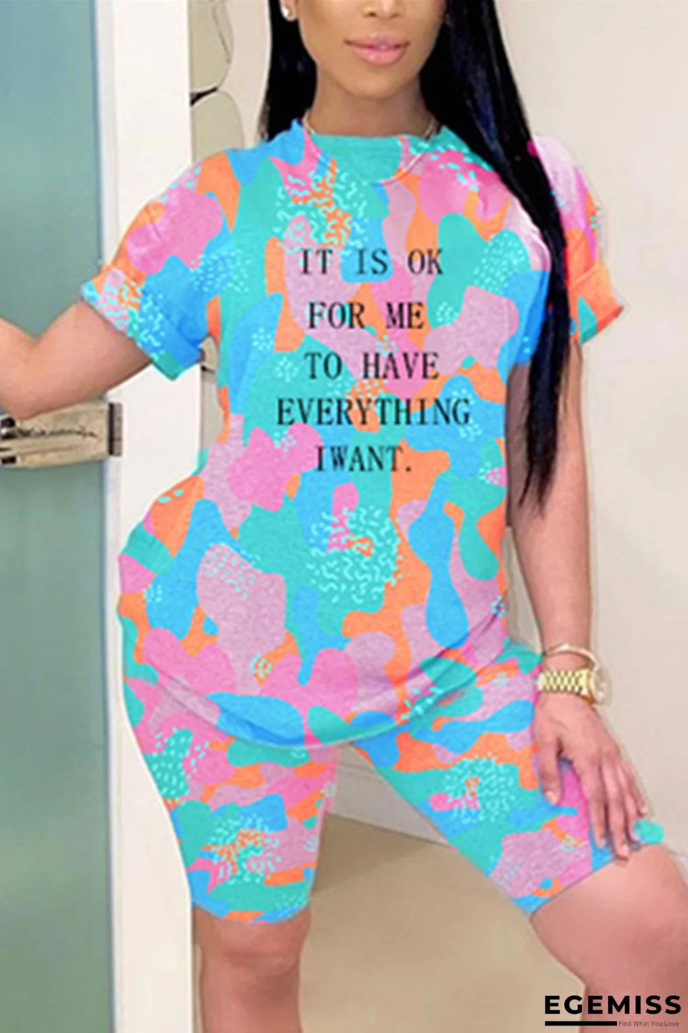 Pink Fashion Casual Printed Short Sleeve Shorts Set | EGEMISS