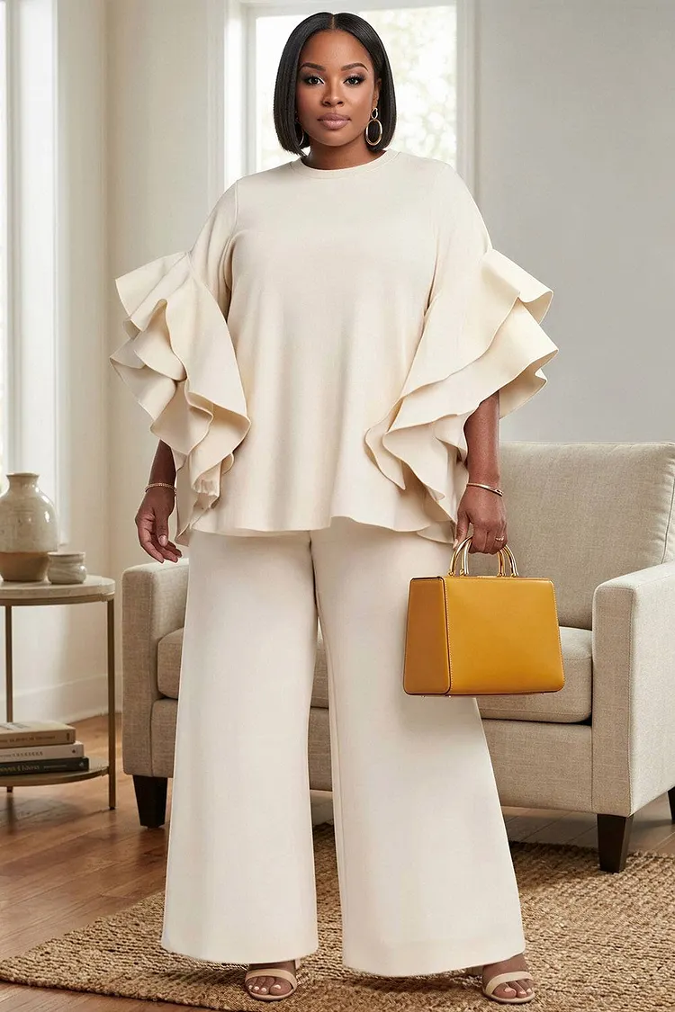 Xpluswear Design Plus Size Vacation White Round Neck Flare Short Sleeve Ruffle Wide Leg Two Piece Pant Sets [Pre-Order] 2024 - Xpluswear