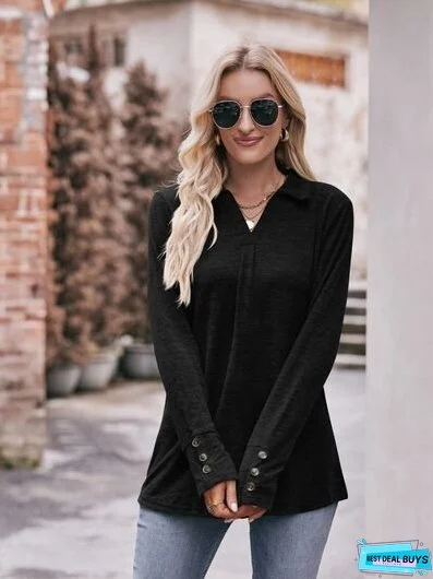 Decorative Button Johnny Collar Long Sleeve Blouse