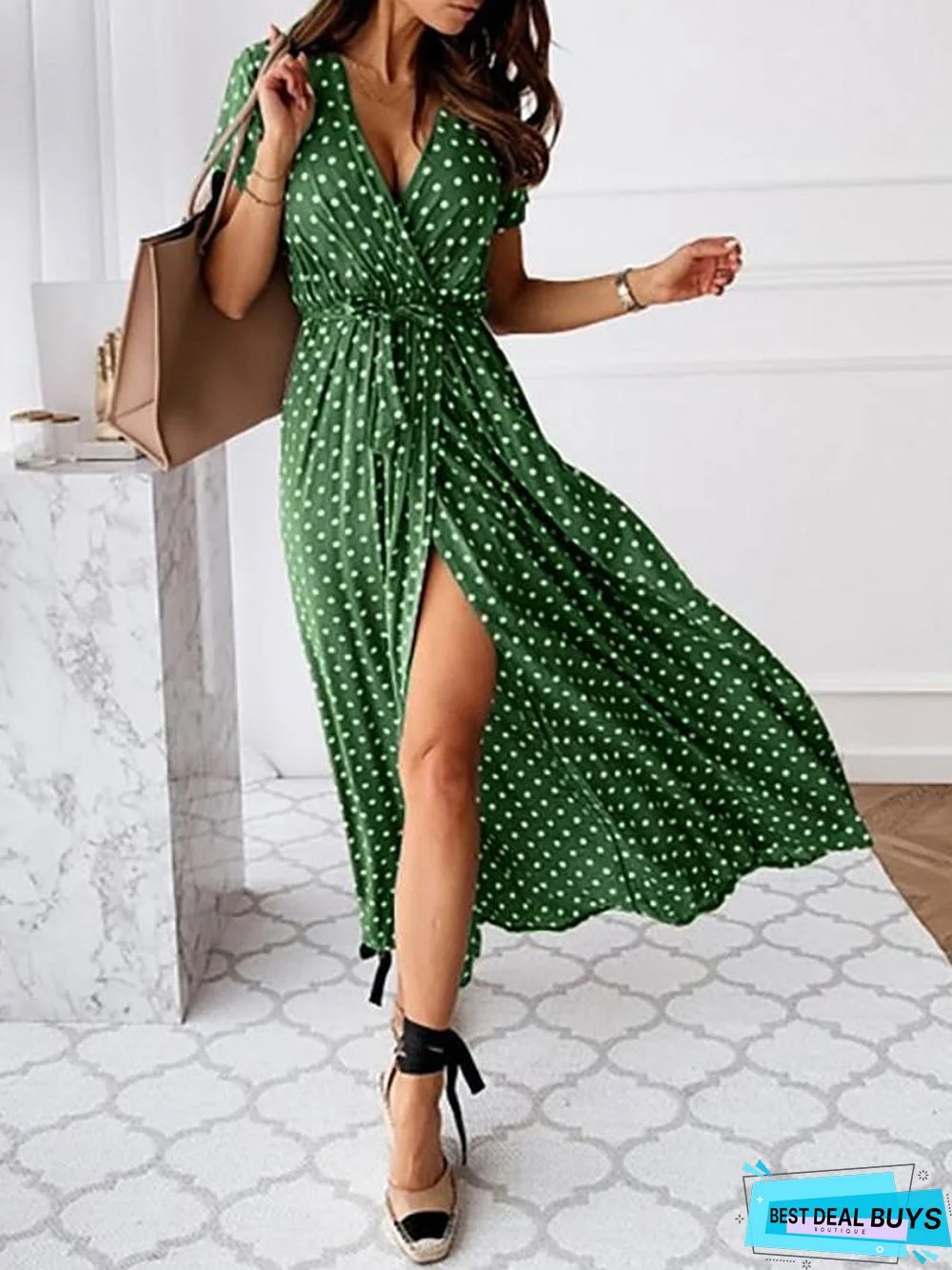 Women's Wrap Dress Maxi Long Dress - Short Sleeve Polka Dot Print Summer V Neck Hot Casual Sexy Black Blue Blushing Pink Dark Green Black Dresses