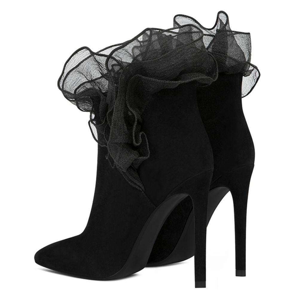 Black Ankle Booties Chiffon Side Boots Stylish Suede Material Shoes Nicepairs