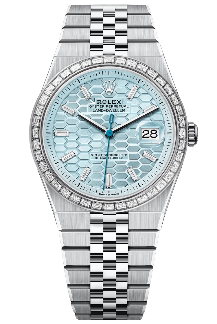 Rolex Land-Dweller 40mm Platinum Fluted Bezel Ice Blue Honeycomb-Motif Diamond Baguette Dial Flat Jubilee - 127386TBR - New 2025【Free Shipping】