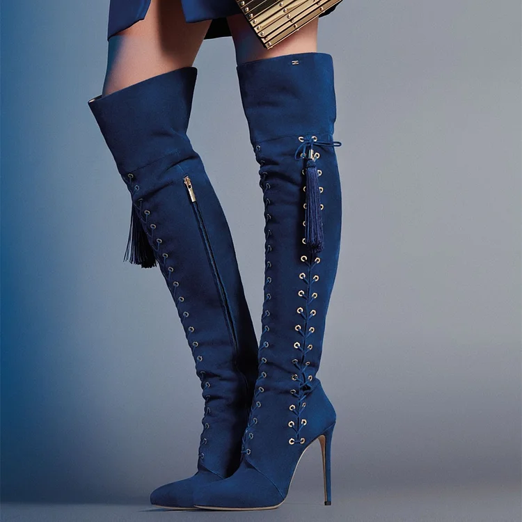 Navy Lace Up Shoes Fringe Stiletto Heel Over-The-Knee Boots |FSJ Shoes