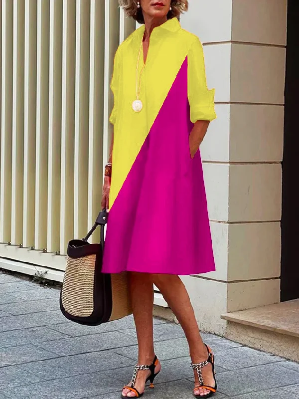 Stylish Selection Long Sleeves Contrast Color Lapel Midi Dresses