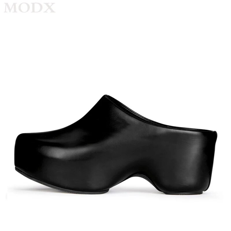 VCSHOES Runway Round Head High Heel Thick Bottom Slippers Women's Patent Leather Platform Clogs Shoes Big Size Sandals