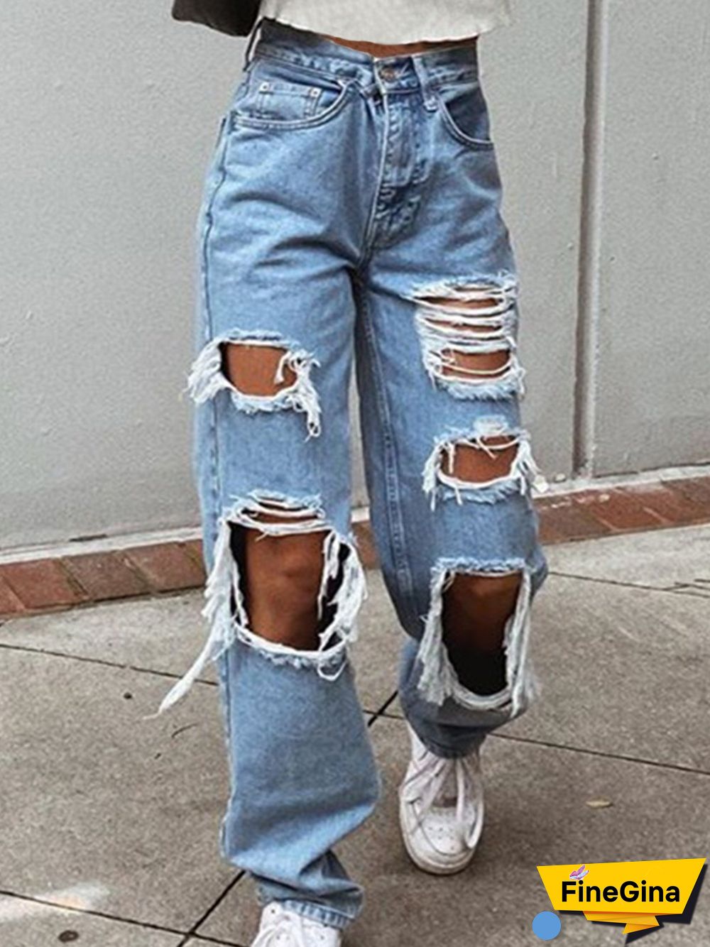Statement Ripped Solid Pockets Plus Size Casual Denim Jeans