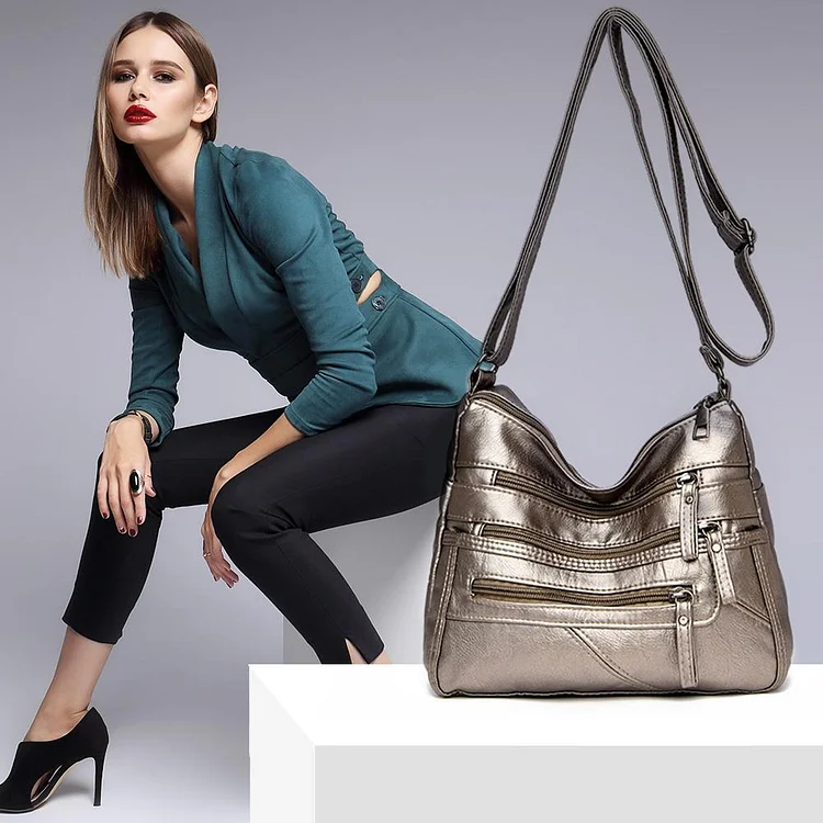 Casual Multi-zipper Shoulder Handbag Solid Leather Women Crossbody Tote Bag-Annaletters