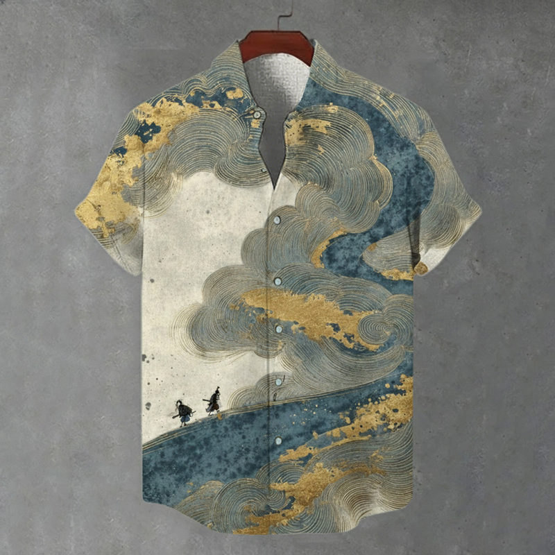 Men's Japanese Art Print Linen Short-sleeve Shirt  artssus