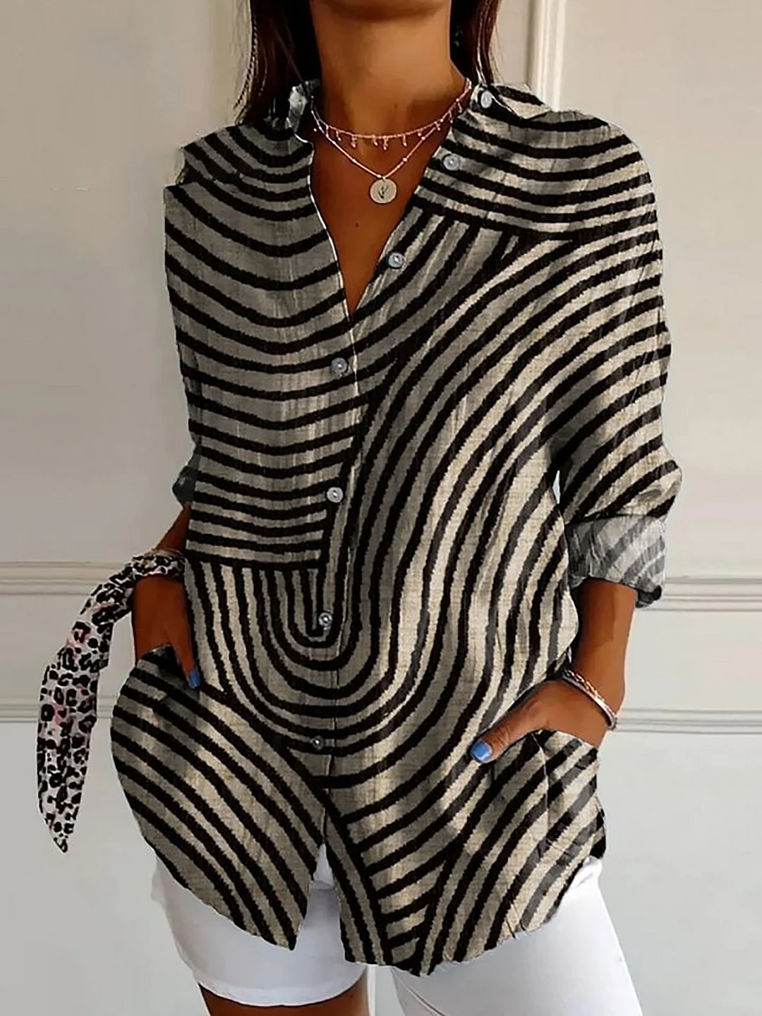 Women's Geometric Hand Drawn Circle Line Pattern Print Casual Cotton Shirt