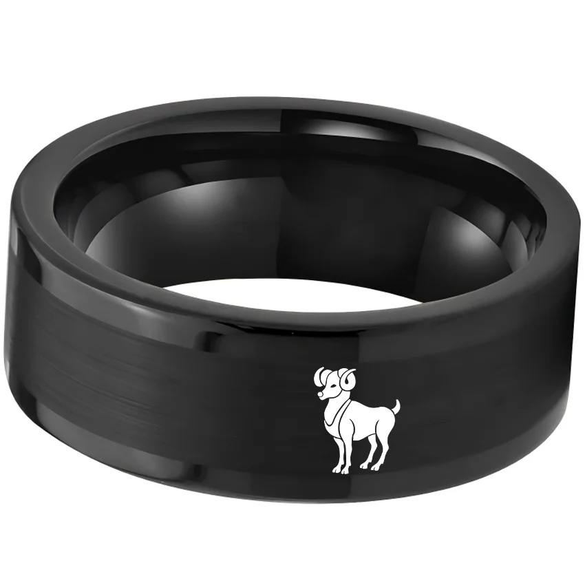 Flat Aries Tungsten Wedding Bands Black Tungsten Rings Comfort fit for Womens or Mens 4MM 6MM 8MM
