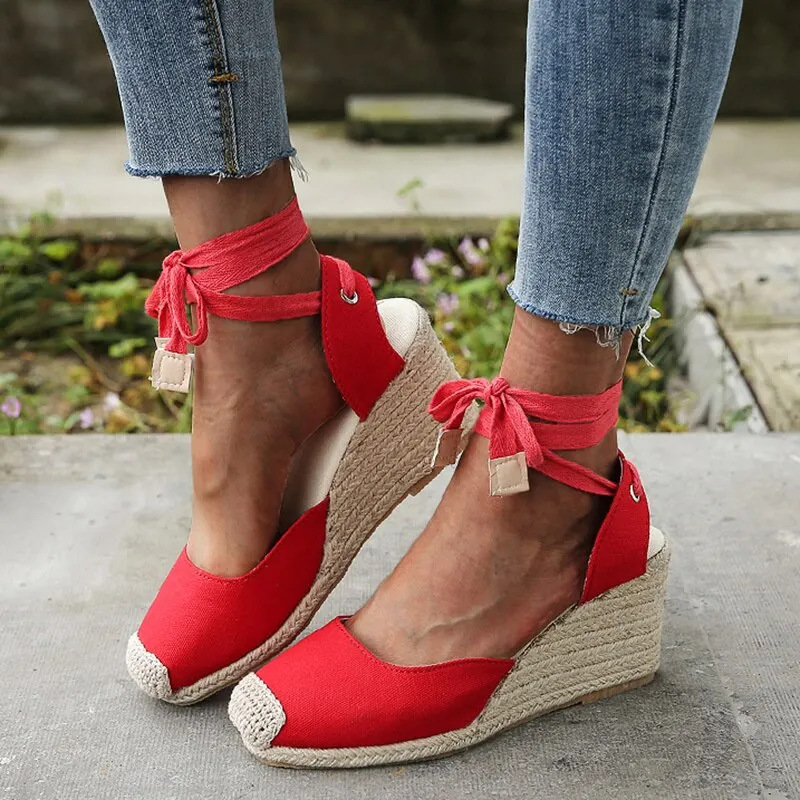 Women's Wedges Espadrilles Sandals Summer 2022 Ankle Strap Gladiator Sandals Woman Casual Hemp Bottom Canvas Pumps Shoes