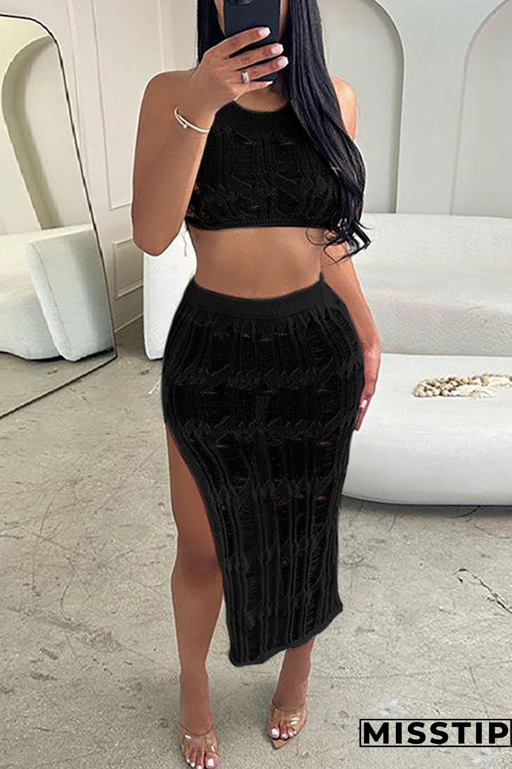 Khaki Sexy Solid Hollowed Out Patchwork Backless Slit Halter Sleeveless Two Pieces