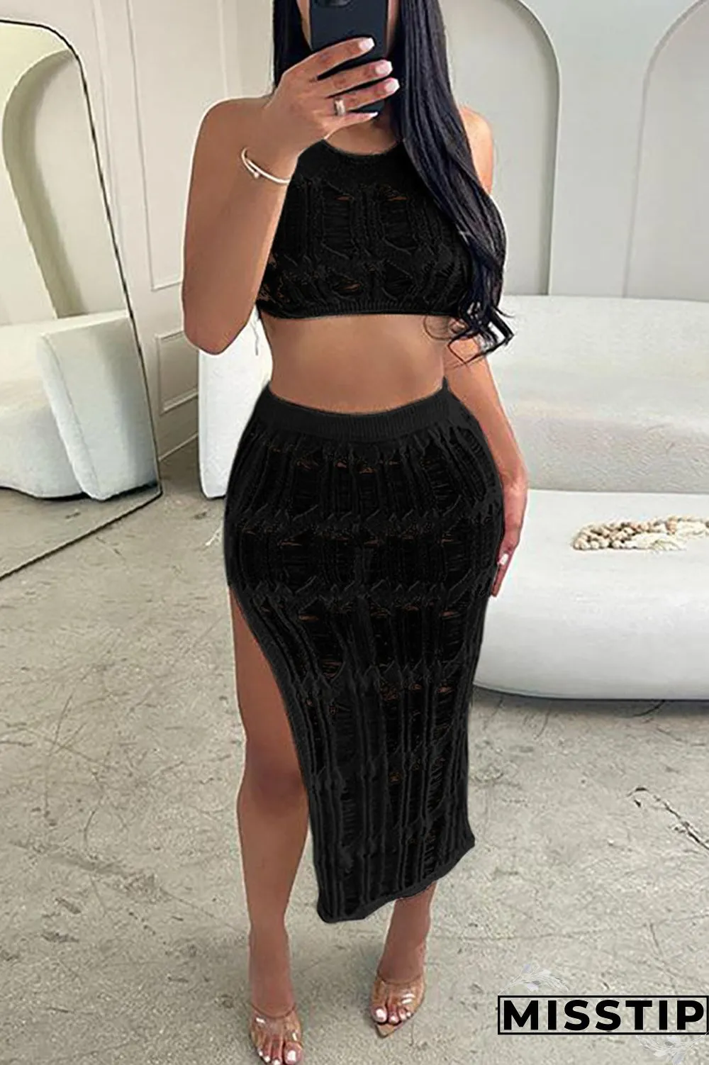 Khaki Sexy Solid Hollowed Out Patchwork Backless Slit Halter Sleeveless Two Pieces