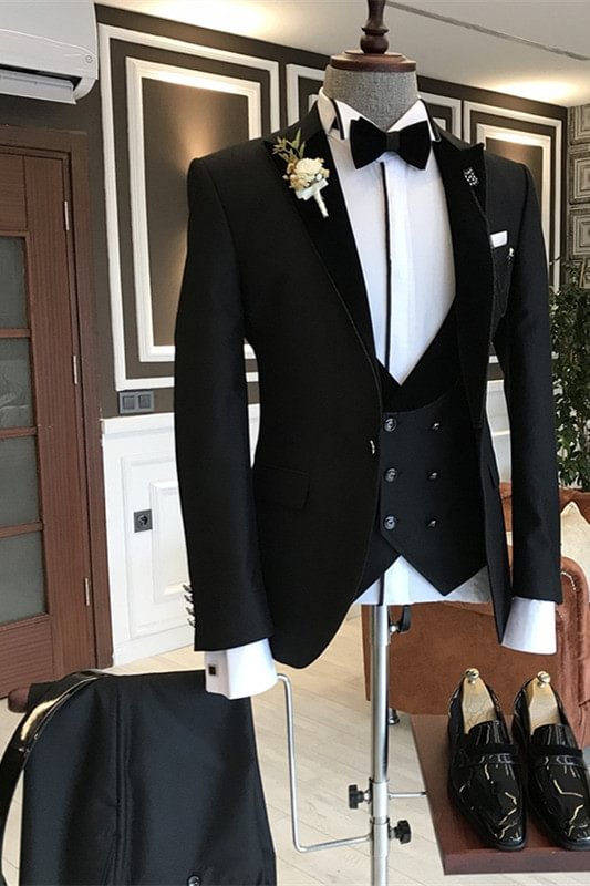 Peaked Lapel Black Summer Wedding Suits For Groom With Three Pieces | Ballbellas Ballbellas