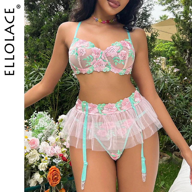 Billionm Ruffles Luxury Lace Lingeries Fairy Floral Embroidery Underwear Sexy Fancy Intimate Exotic Thongs Garters 3-Pieces