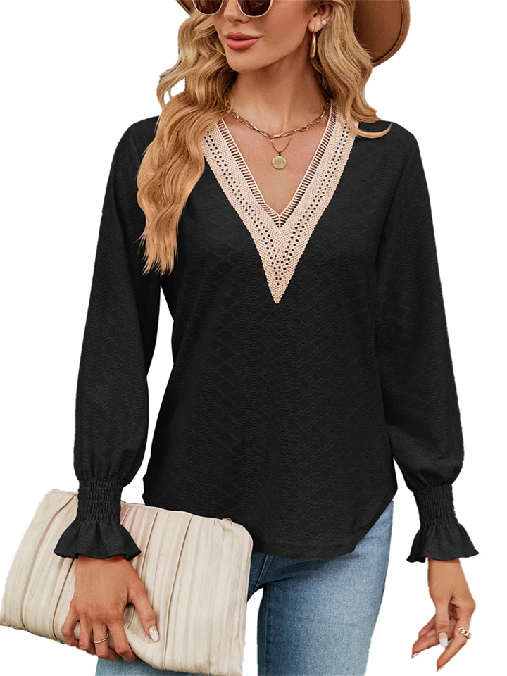 Autumn New Solid Color Lace Splicing V-neck Long-sleeved Flared Sleeve Loose T-shirt Pullover Urban Style Tops-Cosfine