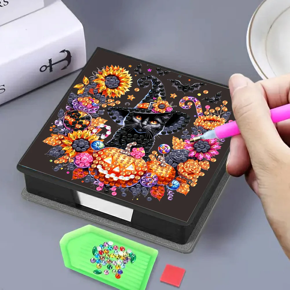 5D DIY PU Diamond Art Note Box with 160 Sheets Paper Mosaic Kit (Halloween)