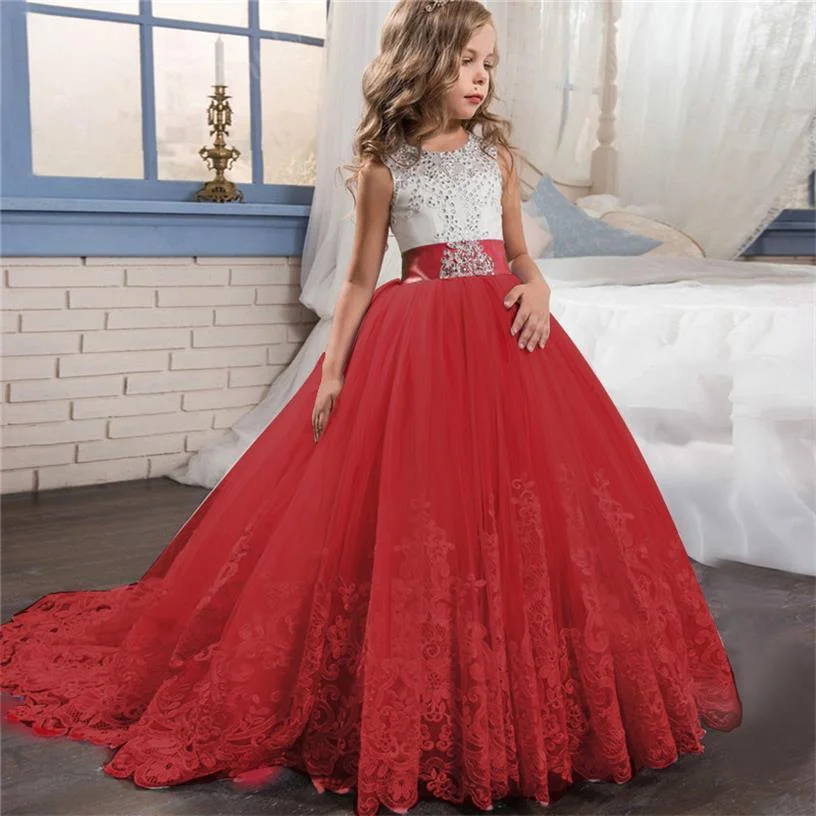 Elegant Dress For Girls Wedding Dresses 2021 Red New Year Clothes Kids Flower Backless Trailing Dress For 6-14 Years Children