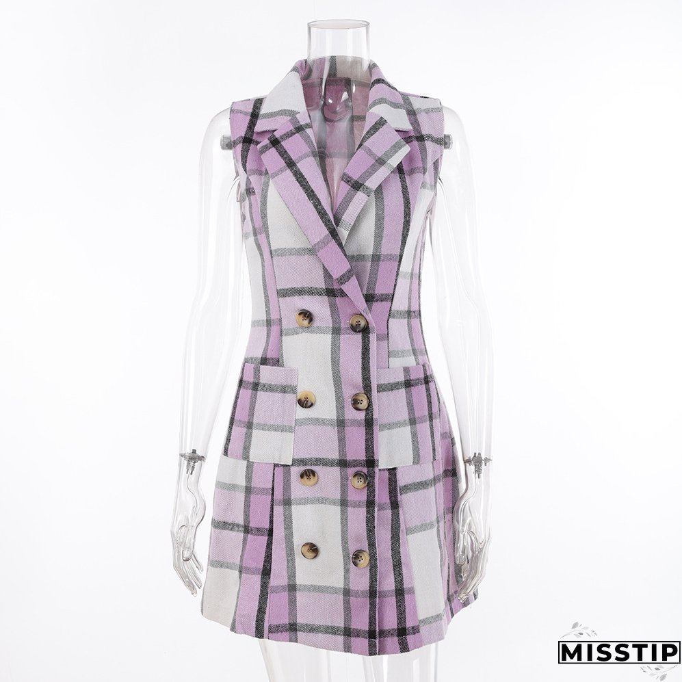 Women's Fashion Plaid Long Vest Turndown Collar Sleeveless Blazer
