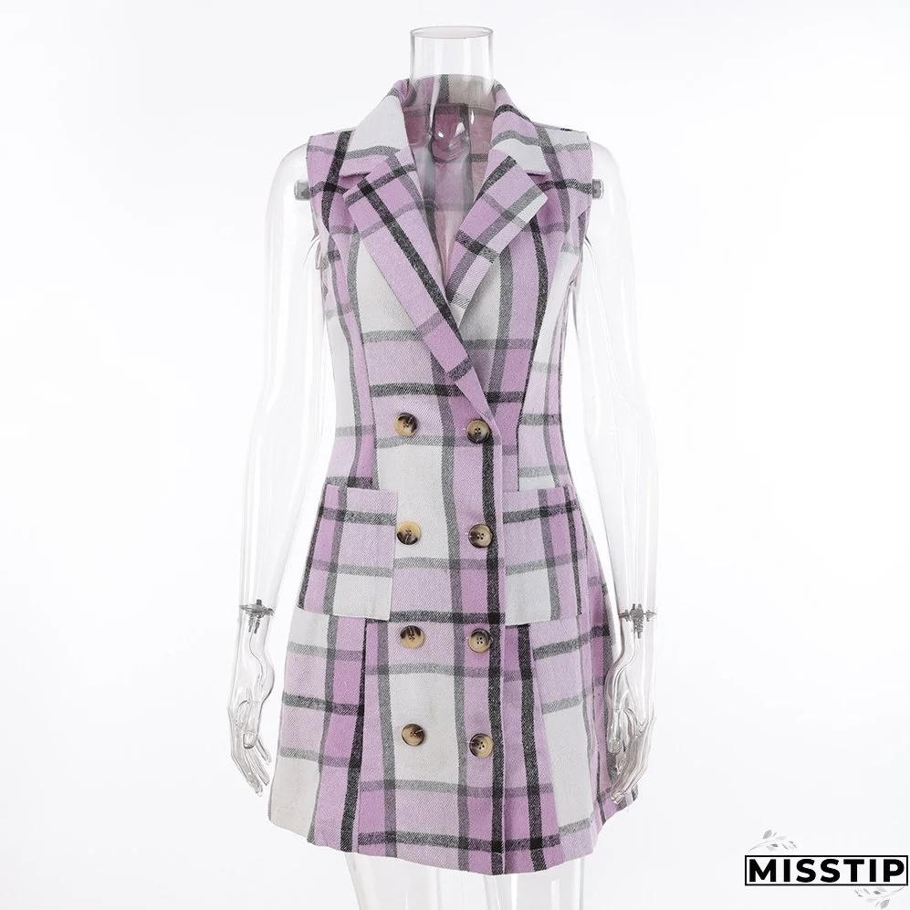 Women's Fashion Plaid Long Vest Turndown Collar Sleeveless Blazer