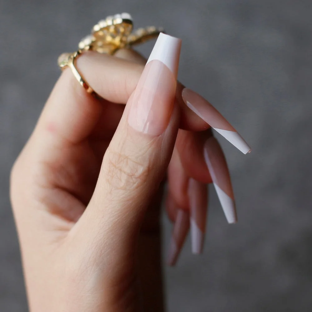 Gel Exquisite French Coffin Baby nude Acrylic nails salon 24pcs Baby pink Fake nails ballet UV glossy reuseull wholesale droship-Nail Inspo