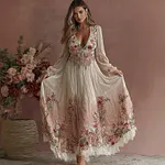 Women's Vintage Rose Embroidered Linen Blend Dress - Image 2