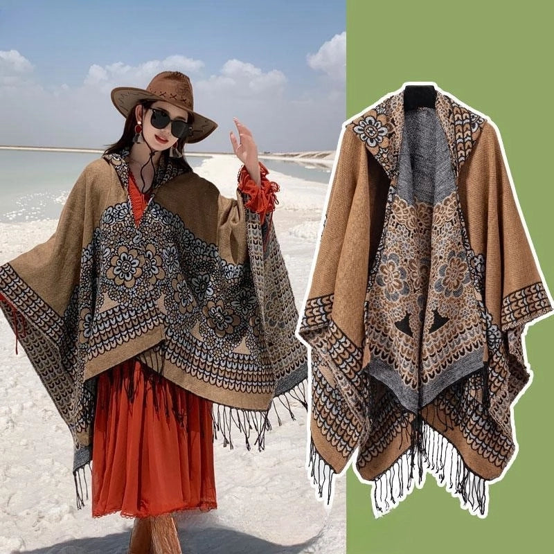 Ethnic Style Hooded Cape Women’s Yunnan Tibet Western Sichuan Grassland Bohemia Travel Wear Scarf Coat