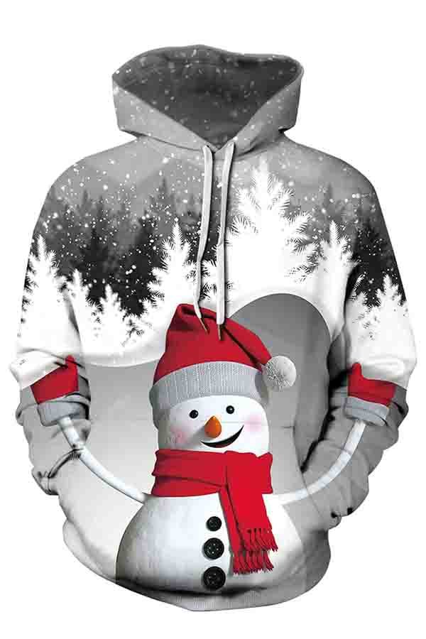 Unisex Snowman Print Long Sleeve Pullover Hoodie Grey-elleschic