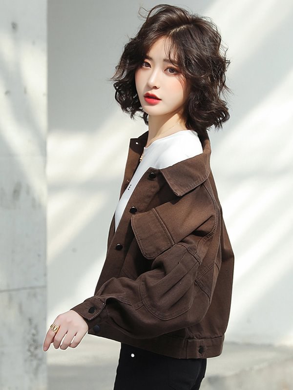 Vintage Loose Denim Solid Color Buttoned Lapel Collar Long Sleeves Outwear