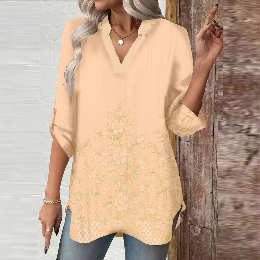 Women Apricot, Floral, Khaki DZGA0522 3/4 Sleeve V-neck Printed Graphic Button Tops