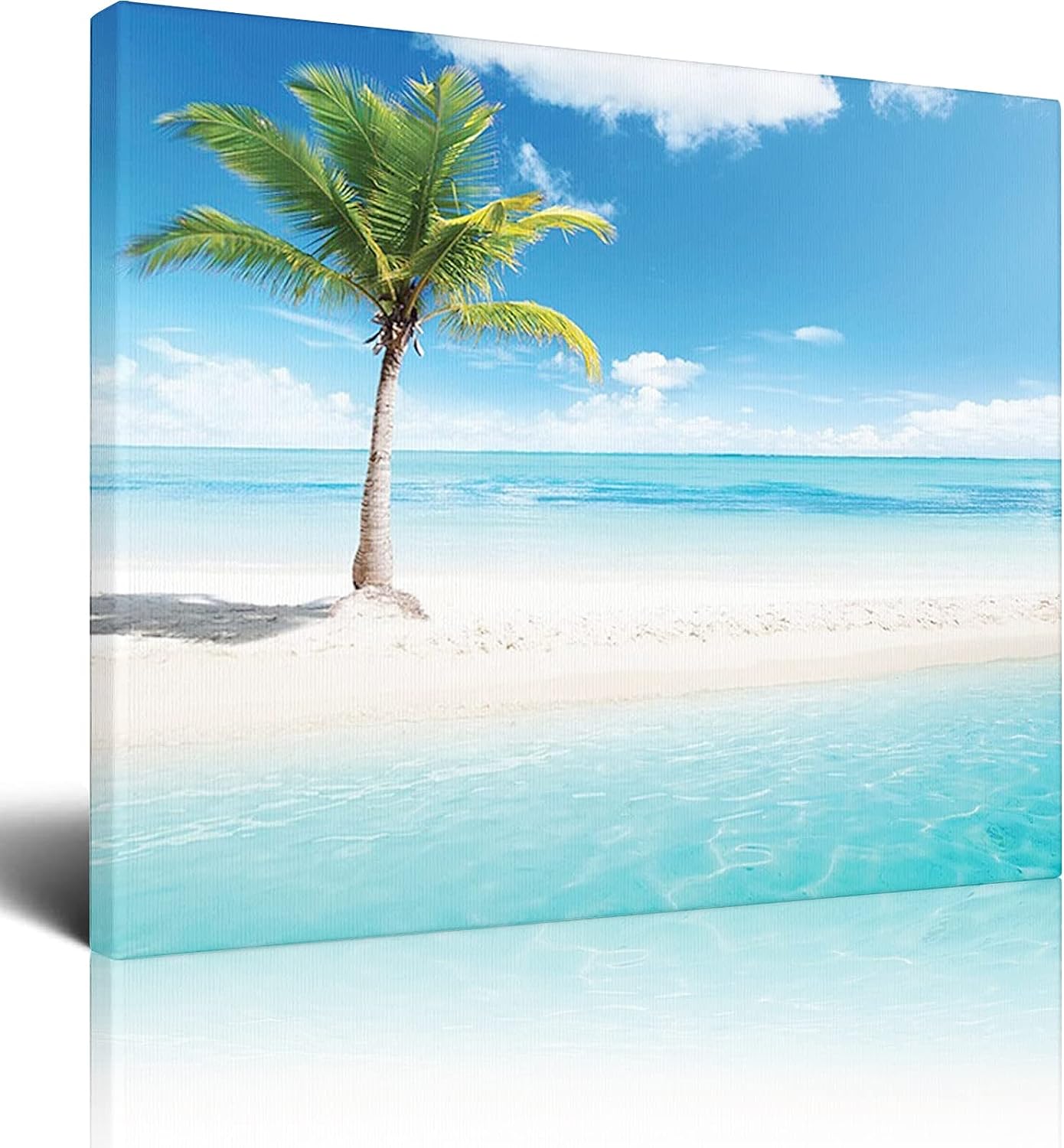 Ocean Wall Art,Idyllic Seashore with Palm Tree Tropical Beach,Gift Canvas Picture For Bedroom Living Room Bathroom Office Wall Decor Framed Home Decorations Ready To Hang,White Green - 16x24 Inch 16x24 Inch