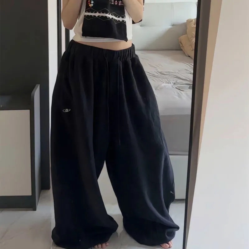 OLCooL Oversize Cotton Pants Woman Y2K Casual Drawstring Trousers Korean Streetwear High Waist All Match Jogger Pants Grey Sweatpants olcool