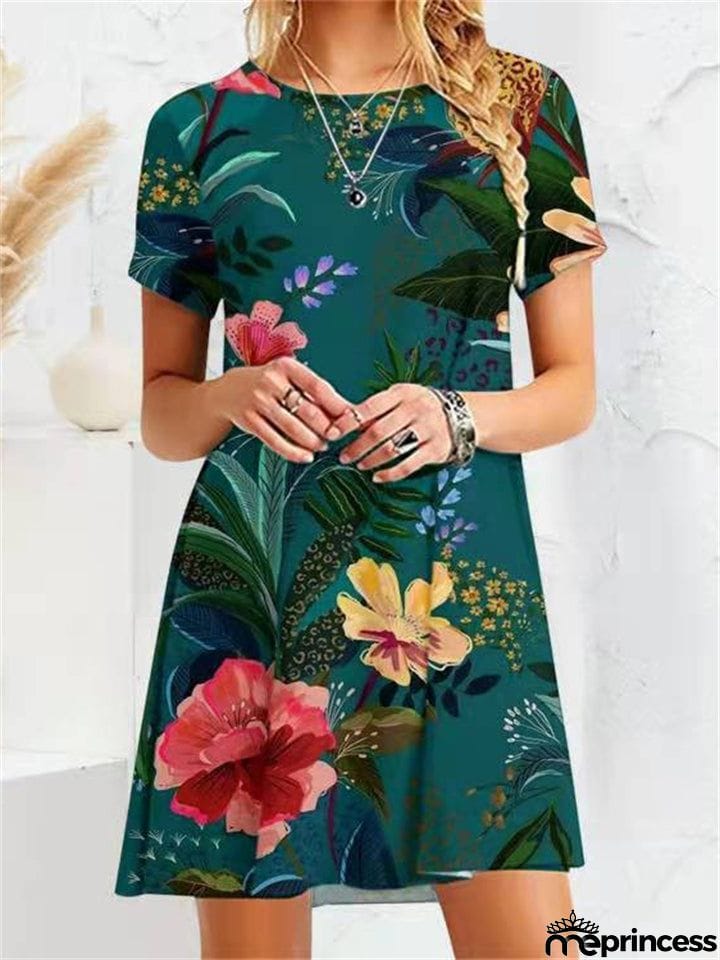 Gentle Female Flower Print Crew Neck Short Sleeve Trendy Dress