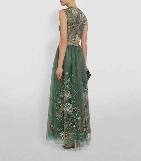 Embroidered Mesh Flutter Gown