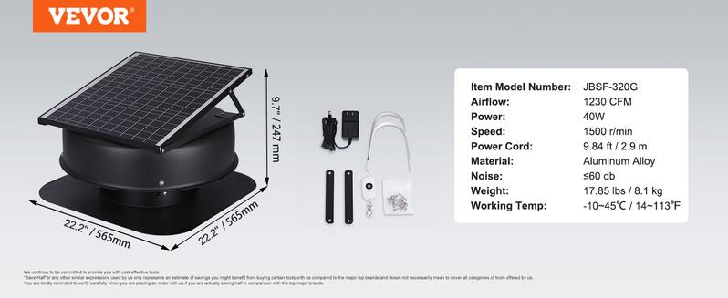 Product Introduction of VEVOR Solar Attic Fan, 40 W, 1230 CFM Large Air Flow Solar Roof Vent Fan, Low Noise and Weatherproof with 110V Smart Adapter, Ideal for Home, Greenhouse, Garage, Shop, RV, FCC Listed 8