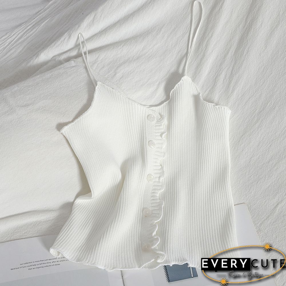 Pearl Diary Women Spaghetti Strap Knitted Tops Summer Ruffle Camis Top With Front Buttons Solid Color Basic Knitted Cute Tops
