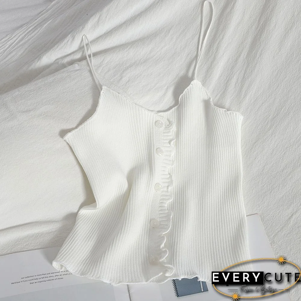Pearl Diary Women Spaghetti Strap Knitted Tops Summer Ruffle Camis Top With Front Buttons Solid Color Basic Knitted Cute Tops