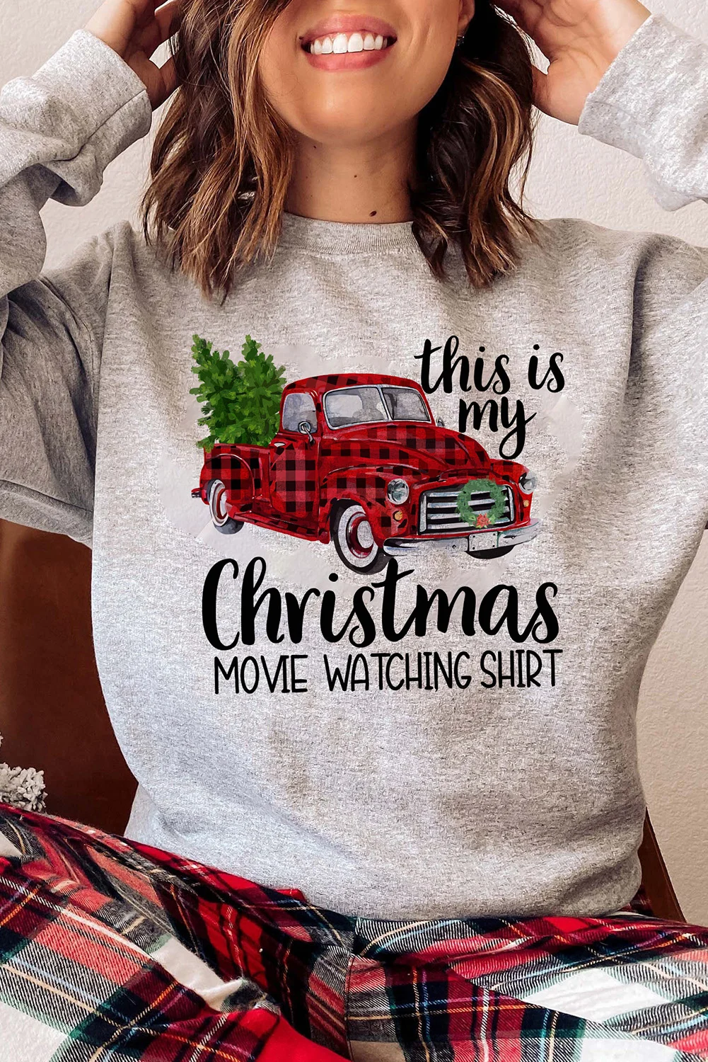 Gray Christmas Letter Plaid Car Graphic Print Pullover Sweatshirt | IFYHOME