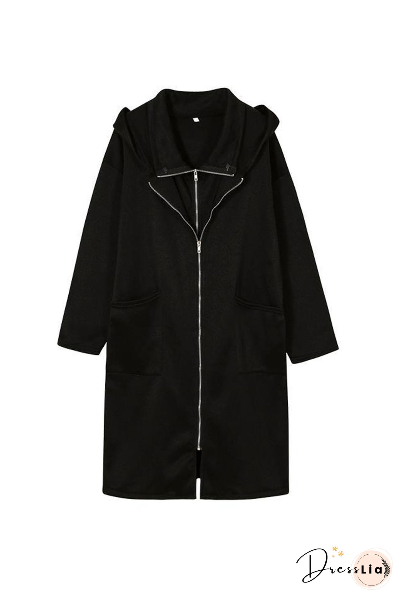 Hooded Pocket Zipper Mid-Length Cardigan