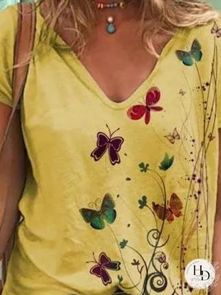 Butterfly Print Short-sleeved V-neck T-shirt