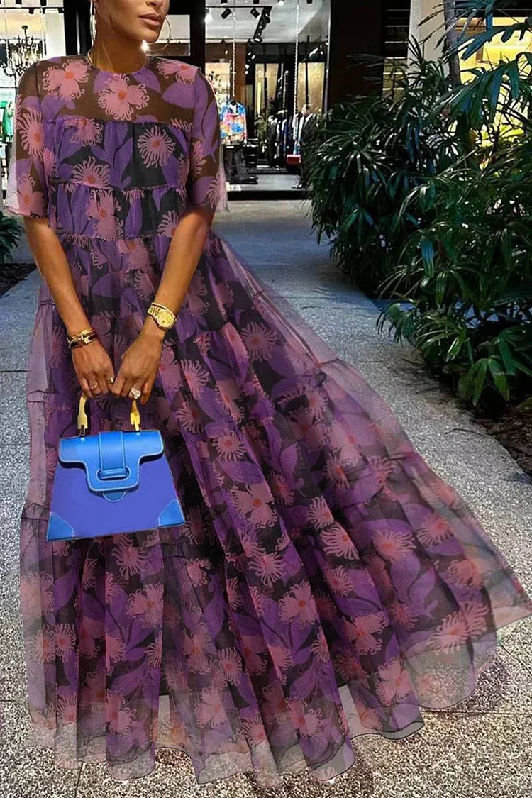 Xpluswear Plus Size Purple Casual All Over Print Short Sleeve Maxi Dress 