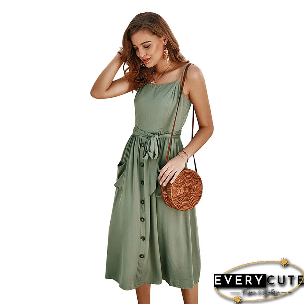 Button Down Solid Green Summer Dress