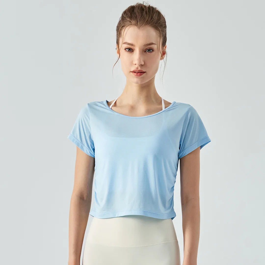 Hergymclothing Sky Blue pleated back hollow-out buttery soft cool sports running cropped t shirts for sale