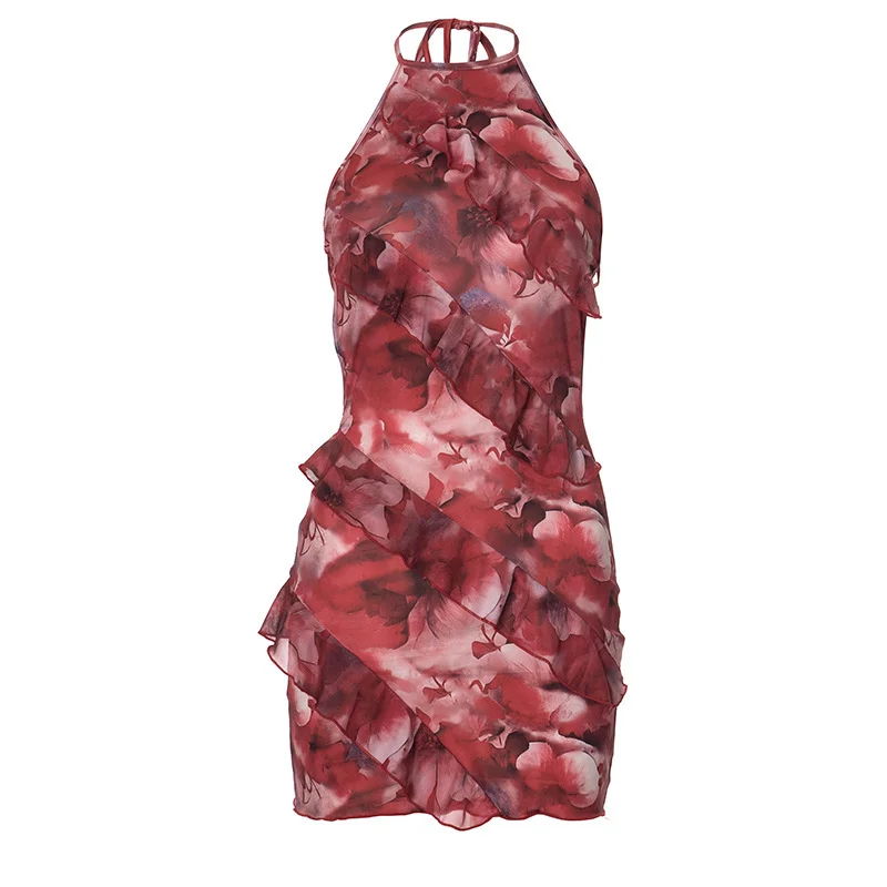 Uveng Uveng Women's Summer New Color Print Sleeveless Hanging Neck Tie Rope Big Bare Back Sexy Dress