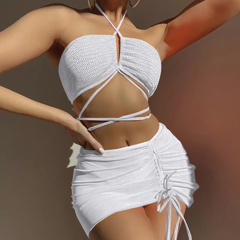 Churchf 2023 New Folding Cloth Drawstring Strap Mesh Three-Piece Swimsuit Bikini