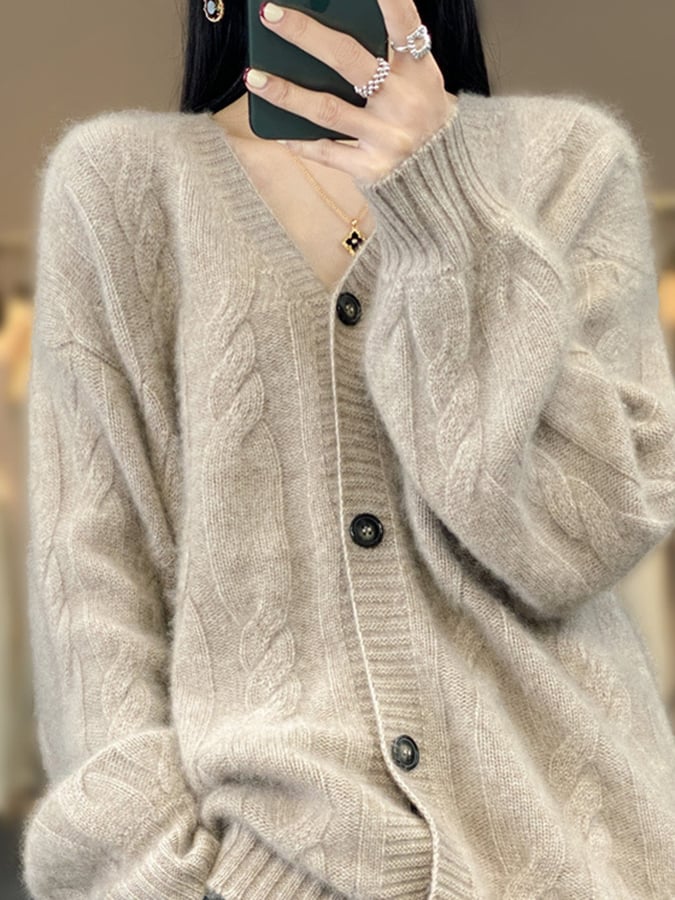 Women's Fashionable Loose Hemp Pattern Design Button Sweater Jacket