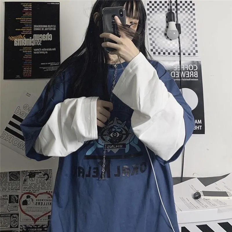 Harajuku bf long-sleeved fake two-piece t-shirt plus size bottoming shirt men women oversized cover meat outside wear punk top