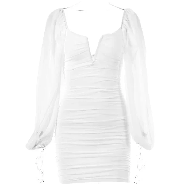 Articat Backless Pleated Dress Women New Year 2022 Elegant Casual Solid Double Layer Mesh Mini Evening Dresses Female Clothing