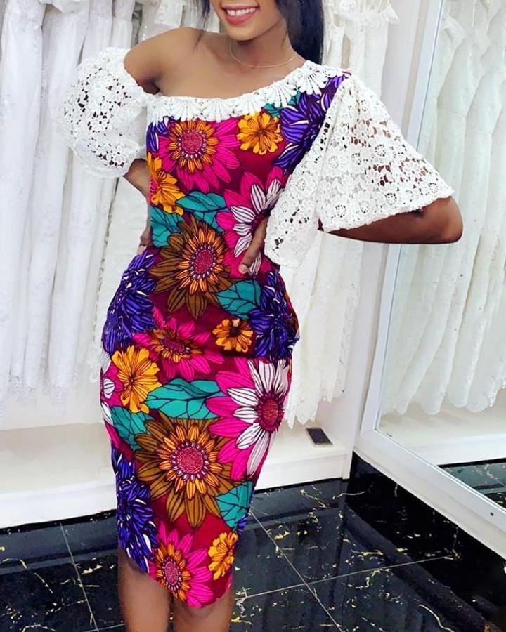 Floral Print Crochet Lace Bodycon Dress - VSMEE