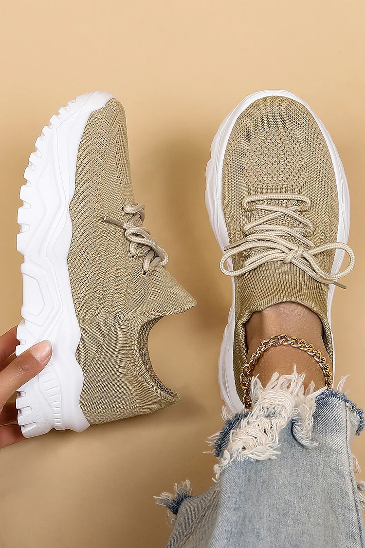Solid Color Casual Knitted Breathable Lace Up Round Toe Sneakers